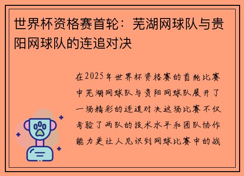 世界杯资格赛首轮：芜湖网球队与贵阳网球队的连追对决
